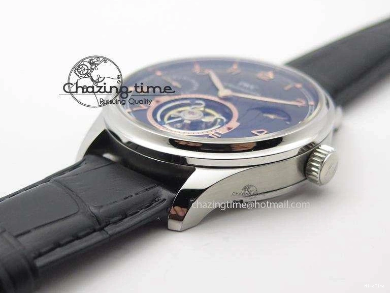 MIROTIME 0428 Portuguese Tourbillon Power Reserve Moonphase SS Black Dial Gold Numbers On Black Leather Strap RelaxedFit 7320